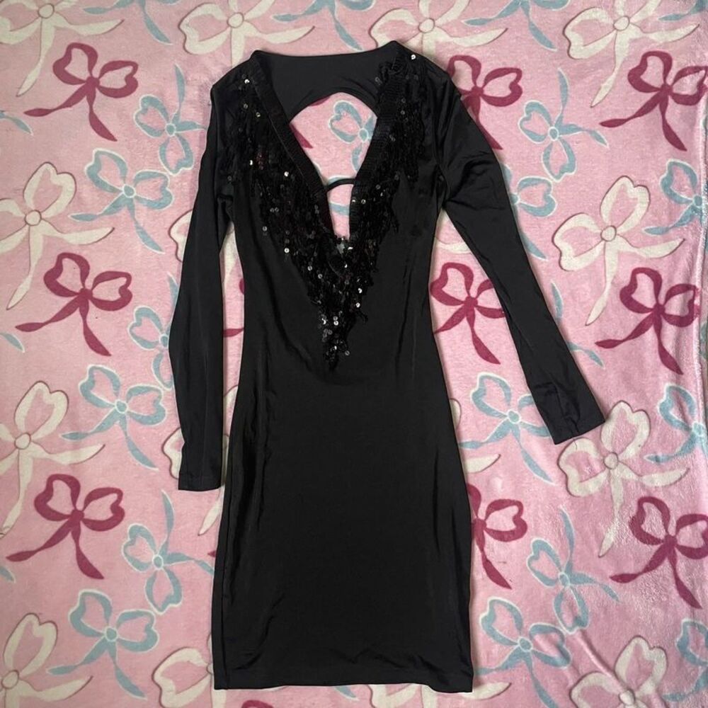 Black Sequin Backless Bodycon Mini Dress MediumY2K Clubwear Glam
